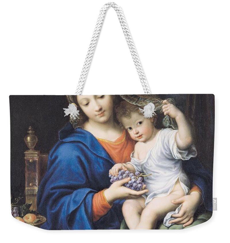 The Virgin Of The Grapes Weekender Tote Bag featuring the painting The Virgin of the Grapes by Pierre Mignard
