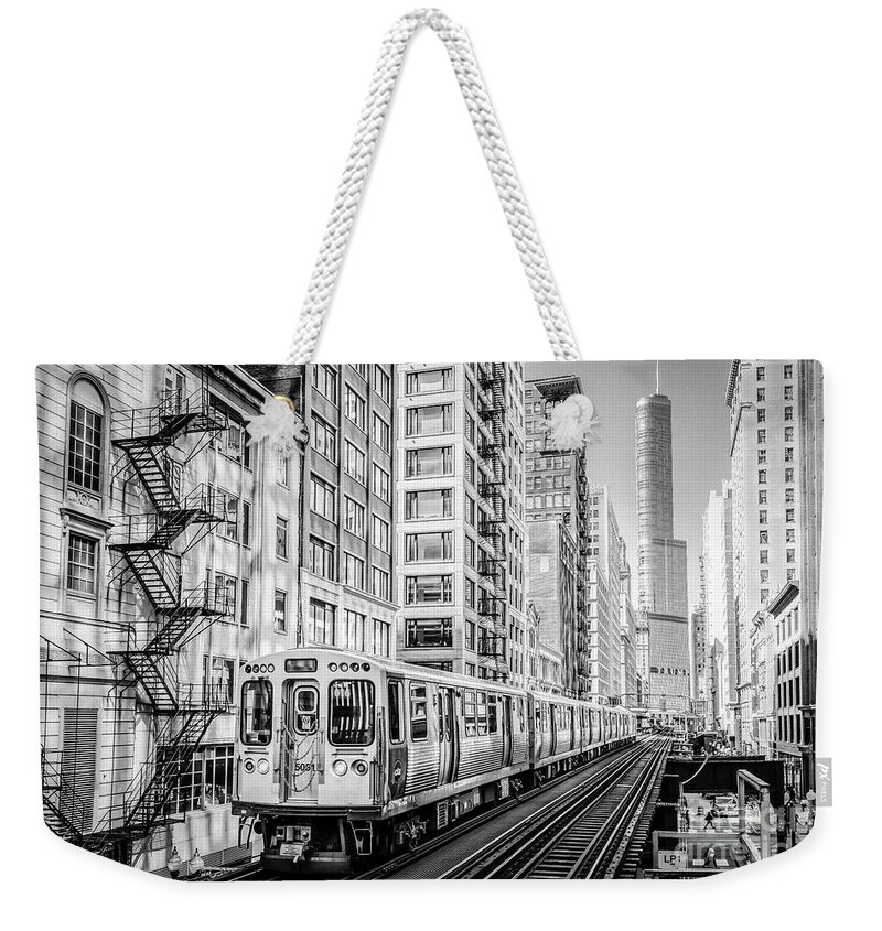 B/w Weekender Tote Bag featuring the photograph The Wabash L Train in Black and White by David Levin