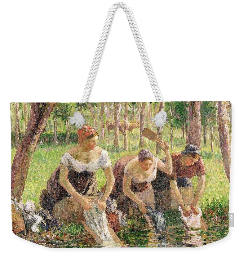 The Weekender Tote Bag featuring the painting The Washerwomen by Camille Pissarro