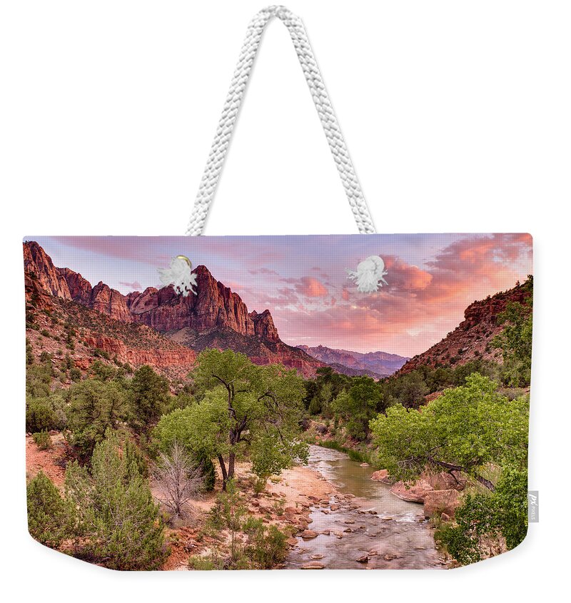 Zion National Park Weekender Tote Bag featuring the photograph The Watchman Never Sleeps by Adam Mateo Fierro