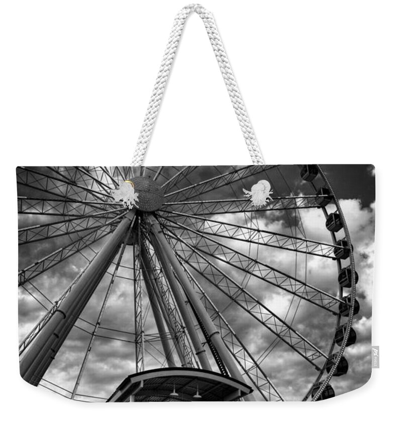 The Great Smoky Mountain Wheel Weekender Tote Bag featuring the photograph The Wheel Entrance in Black and White by Greg and Chrystal Mimbs