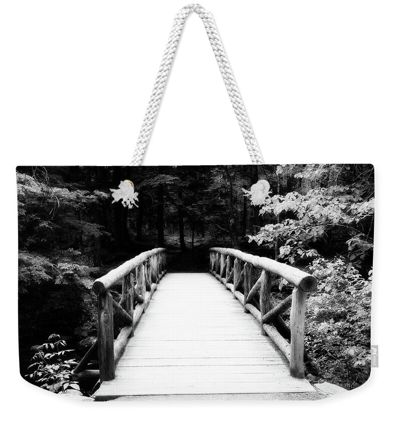 Black And White Weekender Tote Bag featuring the photograph The Wooden Bridge in Black and White by Trina Ansel