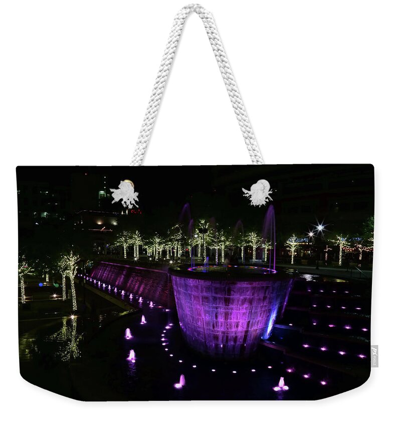 The Woodlands Weekender Tote Bag featuring the photograph The Woodlands Waterfall in Purple by Judy Vincent