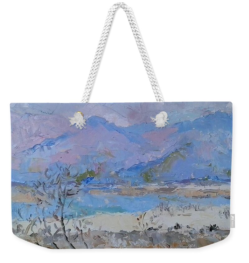 Mountainous Landscape In South Africa Weekender Tote Bag featuring the painting Theewaterskloof Dam in a Drought by Elinor Fletcher