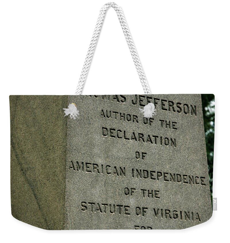 Usa Weekender Tote Bag featuring the photograph Thomas Jefferson tombstone close up by LeeAnn McLaneGoetz McLaneGoetzStudioLLCcom