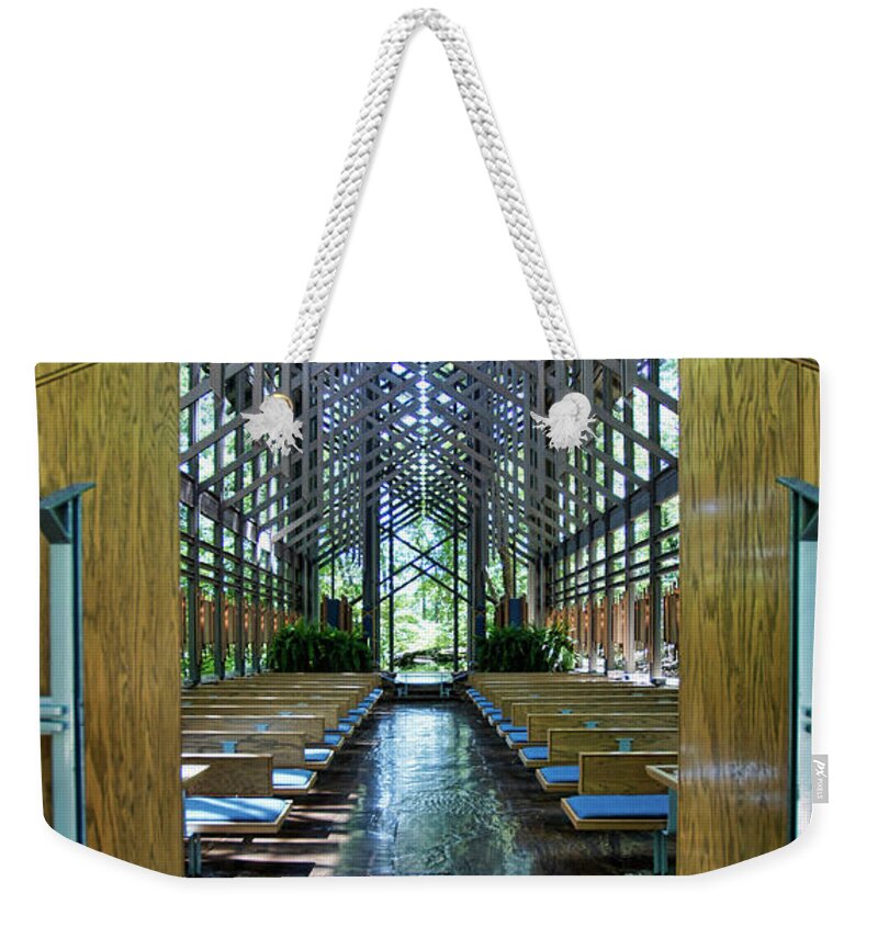 thorncrown Chapel Entrance Weekender Tote Bag featuring the photograph Thorncrown Chapel Entrance by Cricket Hackmann