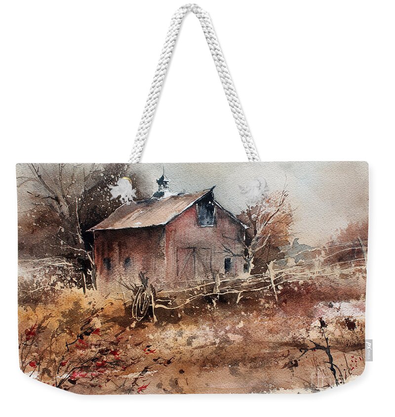 A Weathered Barn Sets In The Fields Of Autumn Color Weekender Tote Bag featuring the painting Thoughts Of Autumn by Monte Toon