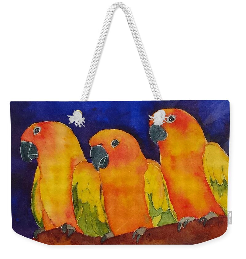 Parrots Weekender Tote Bag featuring the painting Three Amigos by Judy Mercer