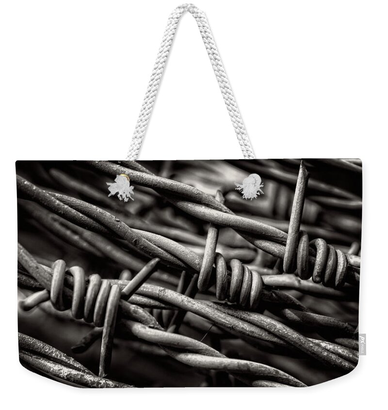 Barbed Wire Weekender Tote Bag featuring the photograph Three Barbs In Black and White by Greg and Chrystal Mimbs