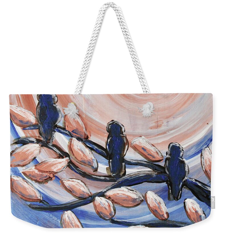 Blue Weekender Tote Bag featuring the painting Three Blue by April Burton