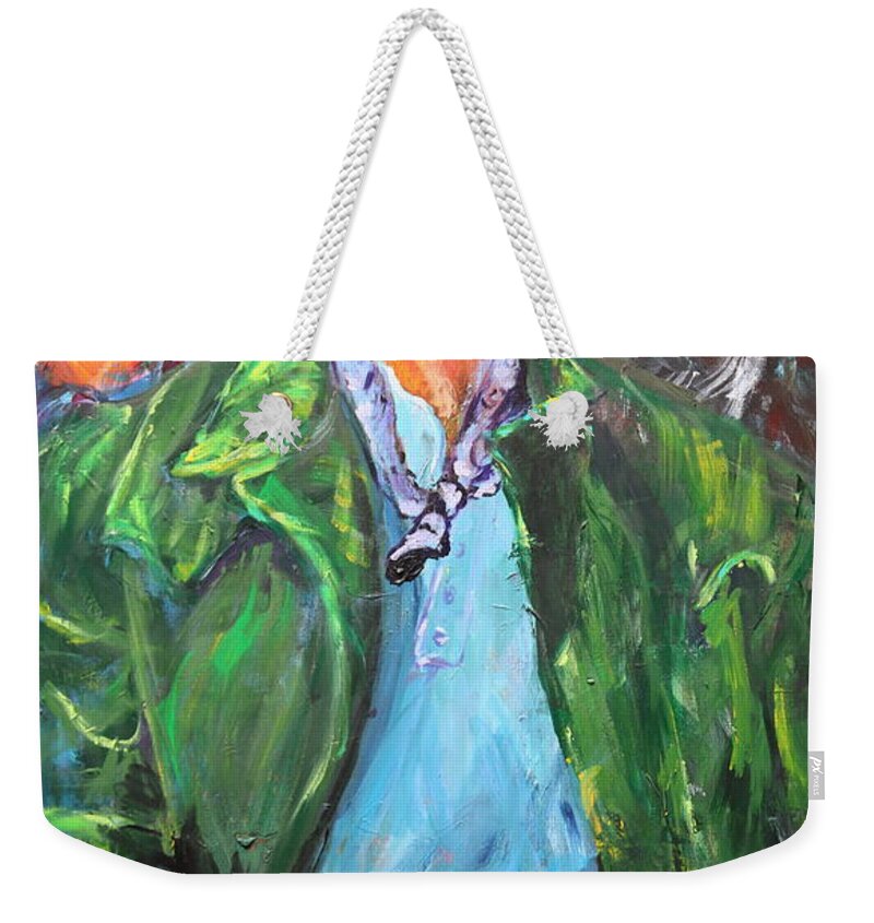 Portraits Weekender Tote Bag featuring the painting Three Cowboys and a gun by Madeleine Shulman