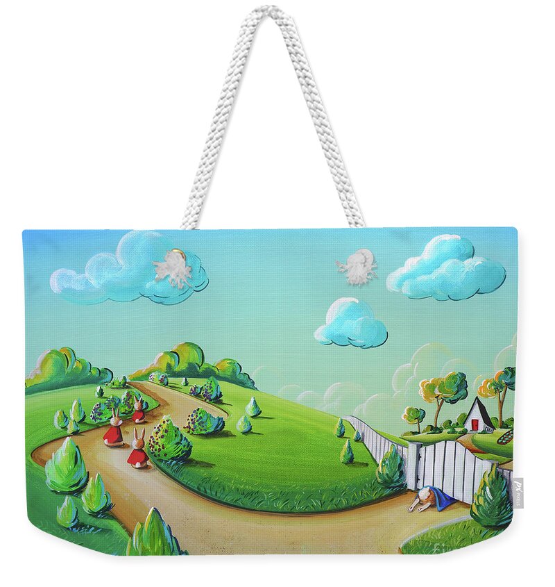Peter Rabbit Weekender Tote Bag featuring the painting Three Good Little Bunnies, One Naughty Bunny by Cindy Thornton