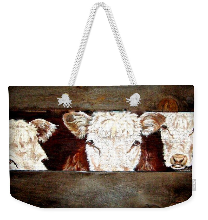 Western Art Weekender Tote Bag featuring the painting Three Little Cows by Pechez Sepehri