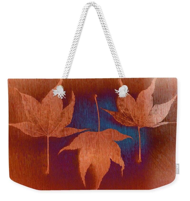 Leaves Weekender Tote Bag featuring the photograph Three Maple Leaves by Don Schwartz