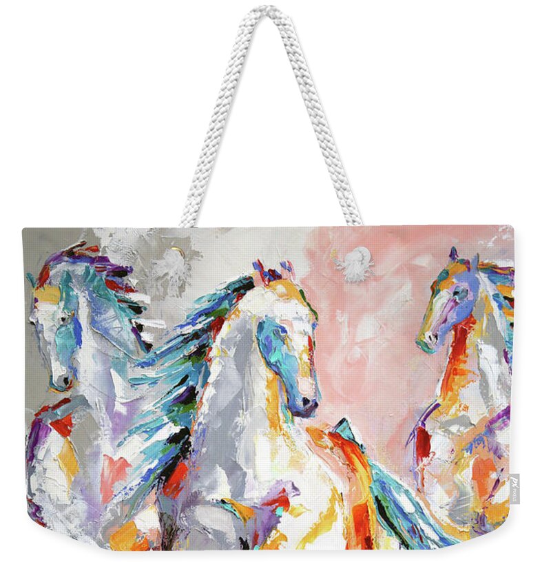 Contemporary Horse Paintings Weekender Tote Bag featuring the painting Three Out of The Mist by Laurie Pace