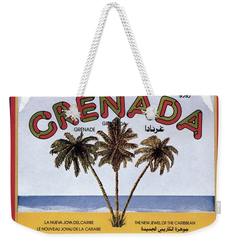 Grenada Weekender Tote Bag featuring the painting Three palm trees on the sea shore in Grenada - Vintage Travel Poster by Studio Grafiikka