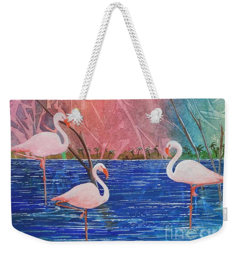 Flamingos Weekender Tote Bag featuring the painting Three Pink Flamingos by Jackie Mueller-Jones