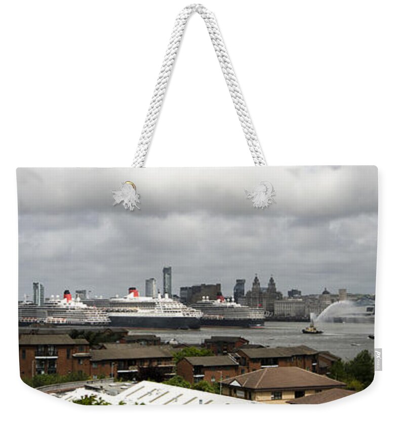 Cunard Weekender Tote Bag featuring the photograph Three Queens on the Mersey by Spikey Mouse Photography
