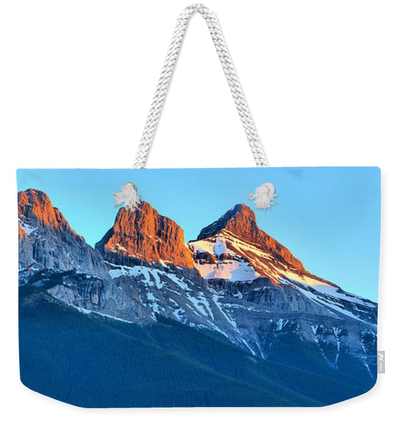 Three Sisters Weekender Tote Bag featuring the photograph Three Sisters Canmore Sunset Panorama by Adam Jewell
