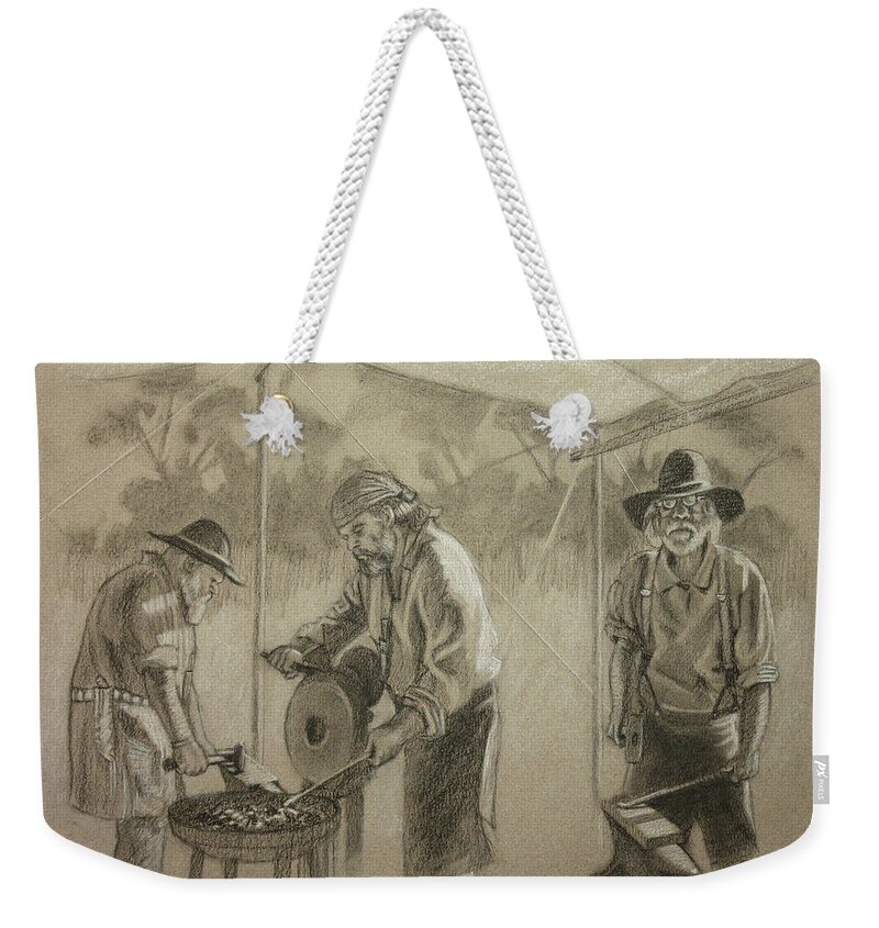Blacksmith Weekender Tote Bag featuring the drawing Three Smiths by Todd Cooper
