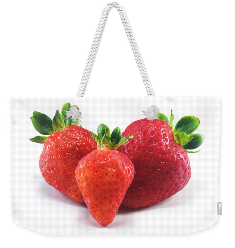 Strawberry Weekender Tote Bag featuring the photograph Three Strawberries by Chris Day