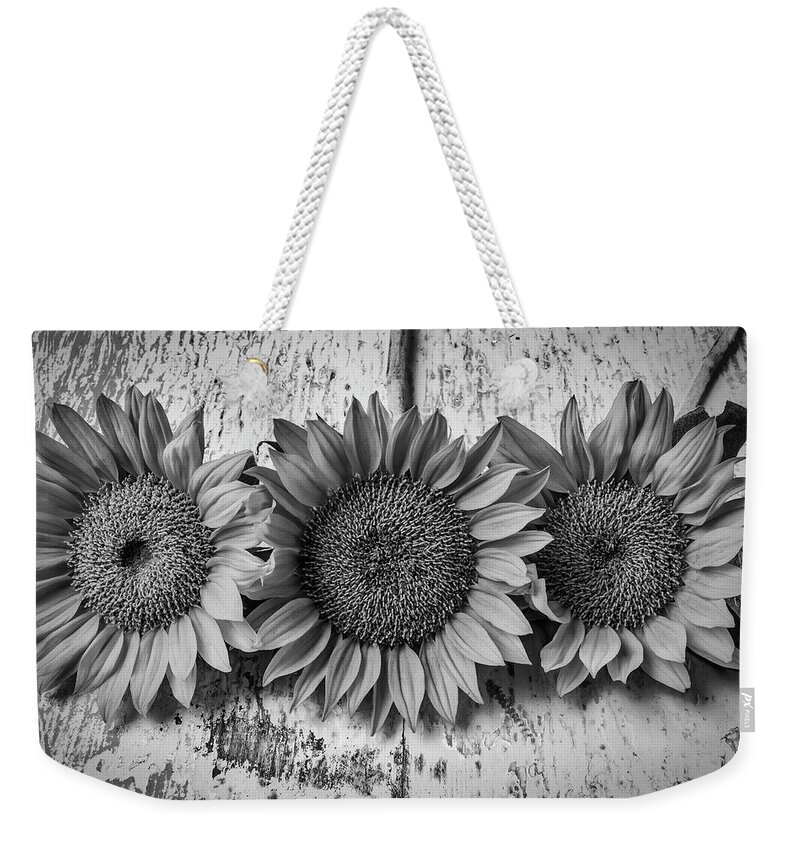 Mood Weekender Tote Bag featuring the photograph Three Sunflowers Still Life In Black And White by Garry Gay