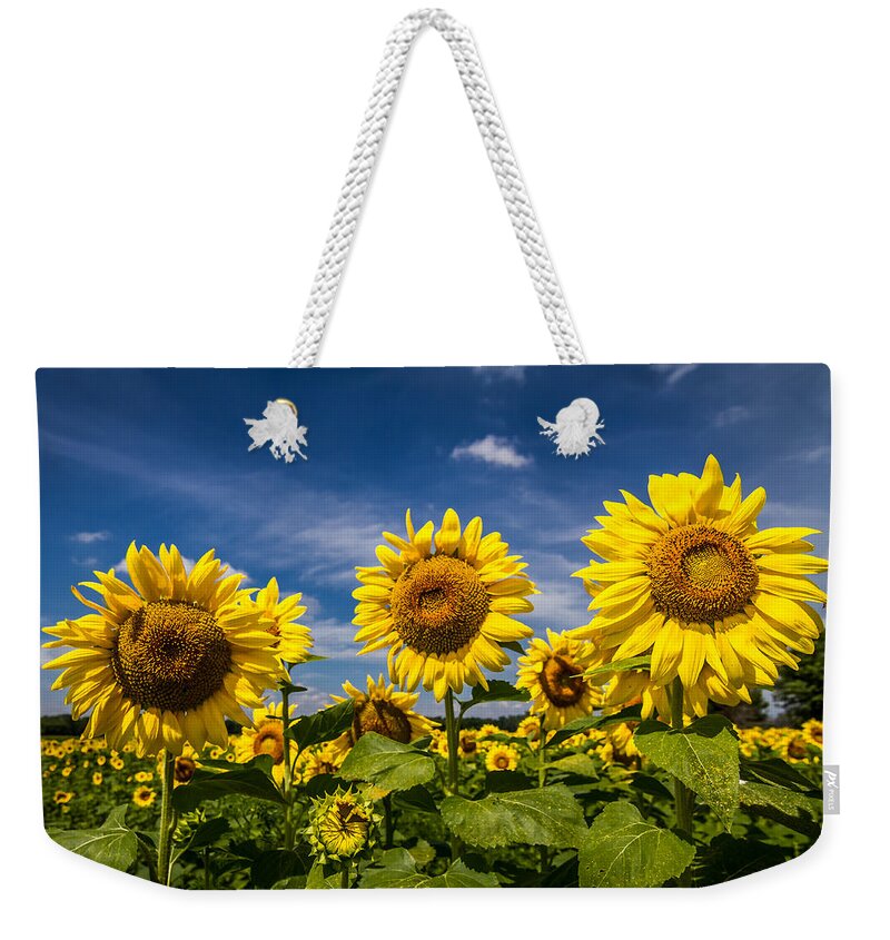 Blue Sky Weekender Tote Bag featuring the photograph Three Suns by Ron Pate