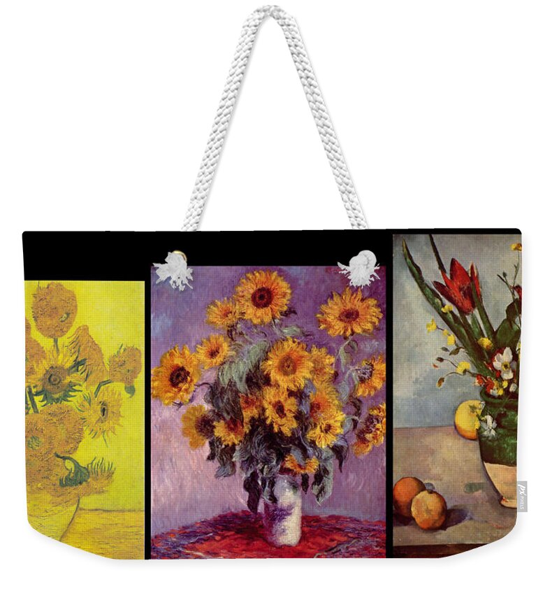 Modern Weekender Tote Bag featuring the digital art Three Vases van Gogh - Monet - Cezanne by David Bridburg