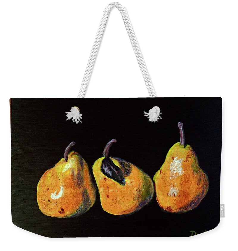 Three Yellow Pears Weekender Tote Bag featuring the painting Three Yellow Pears by Susan Duda