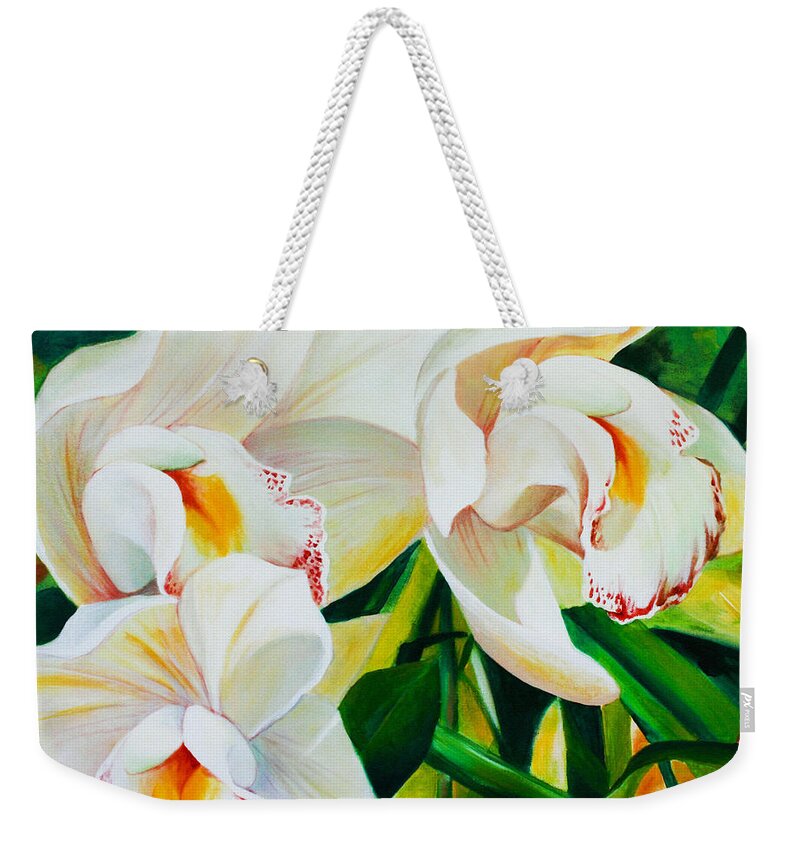 White Orchids Weekender Tote Bag featuring the painting Threes a Crowd by Chris Hobel