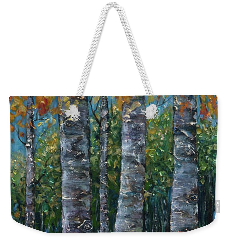 Leaf Weekender Tote Bag featuring the painting Through The Aspen Trees Diptych 2 by O Lena