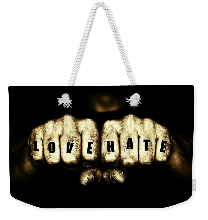 Love Weekender Tote Bag featuring the photograph Thugs Love and Hate Tattoo Fists by John Williams