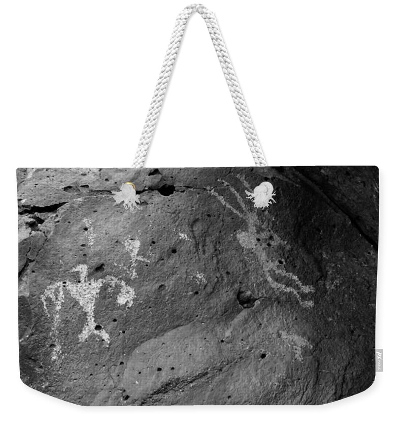 Petroglyphs Weekender Tote Bag featuring the photograph Thunderbird Kokopelli b/w by Glory Ann Penington