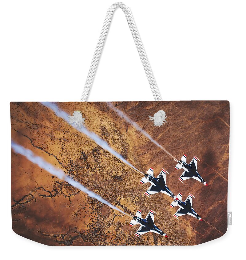 Usaf Weekender Tote Bag featuring the photograph Thunderbirds In Diamond Roll Formation by Mountain Dreams