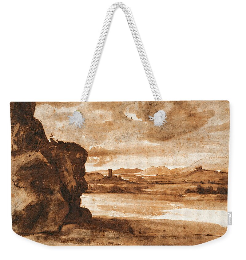 French Art Weekender Tote Bag featuring the drawing Tiber Landscape North of Rome with Dark Cloudy Sky by Claude Lorrain