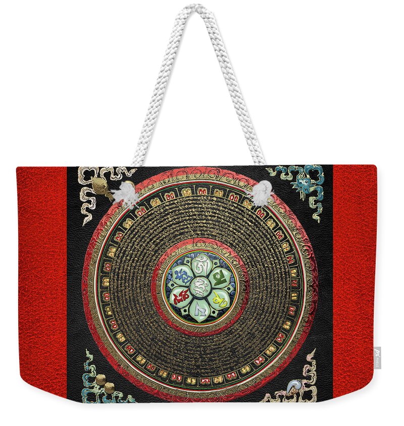 'treasures Of Tibet' Collection By Serge Averbukh Weekender Tote Bag featuring the digital art Tibetan OM Mantra Mandala in Gold on Black and Red by Serge Averbukh