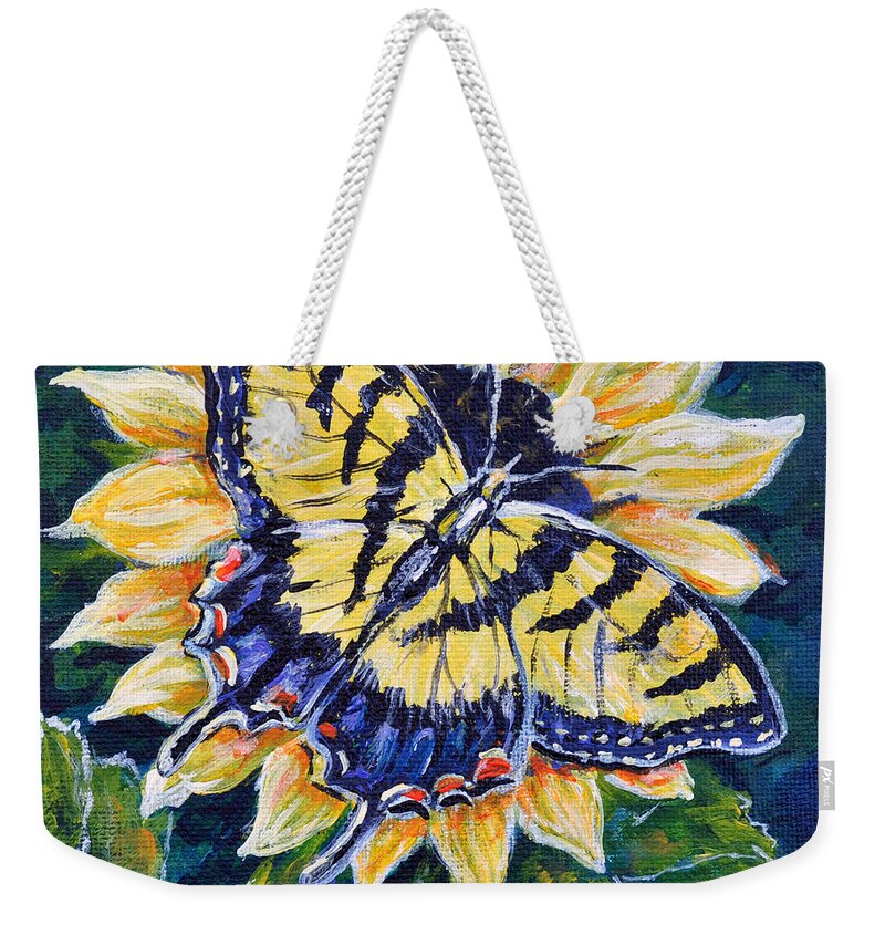 Butterfly Tiger Swallowtail Sunflower Nature Yellow Weekender Tote Bag featuring the painting Tiger and Sunflower by Gail Butler