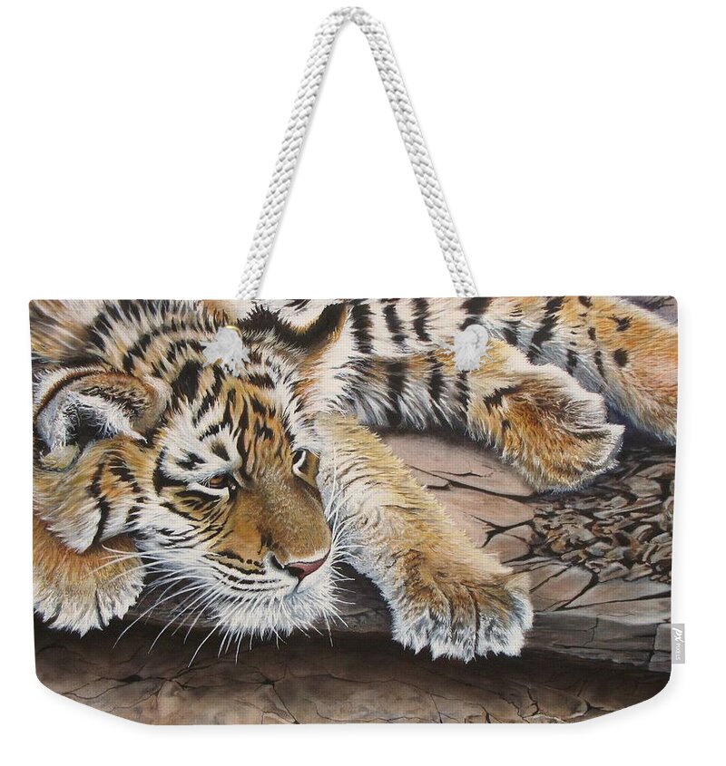 Tiger Weekender Tote Bag featuring the painting Tiger Cub by Greg and Linda Halom