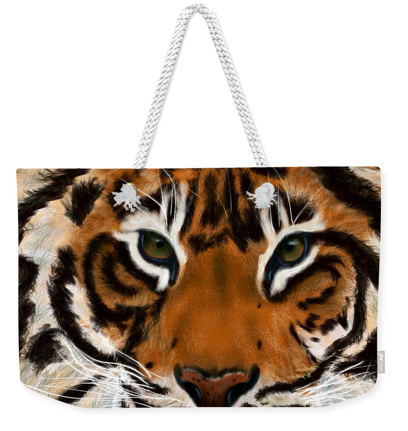 Tiger Weekender Tote Bag featuring the painting Tiger Eyes by Becky Herrera