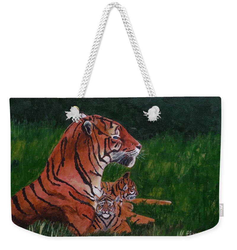Tiger Weekender Tote Bag featuring the painting Tiger Family by Laurel Best