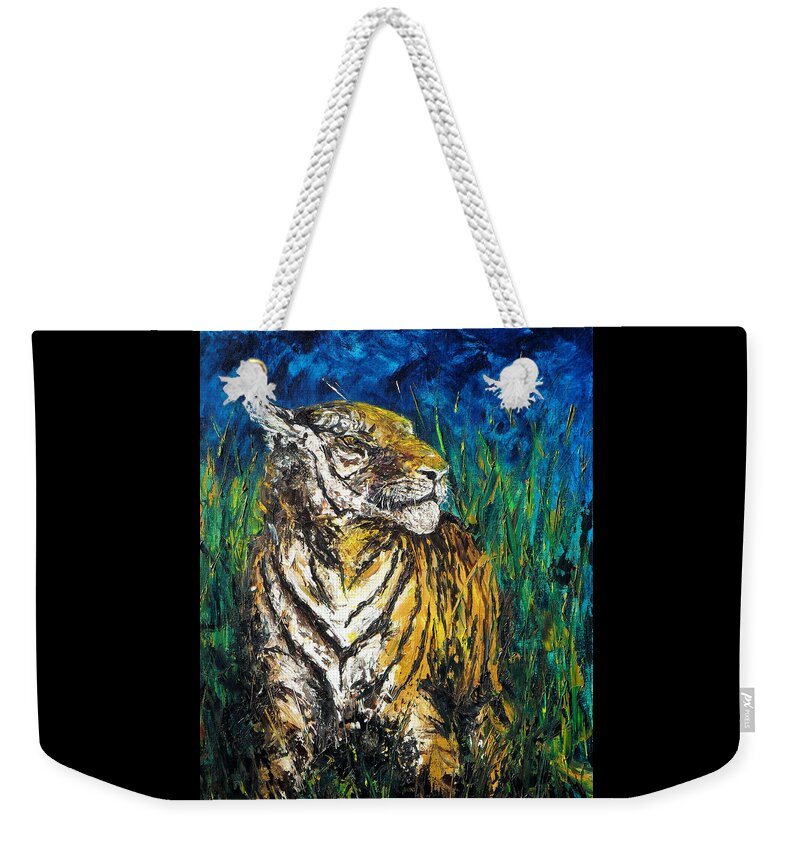 Tiger Weekender Tote Bag featuring the painting Tiger Night Hunt by Shirley Heyn