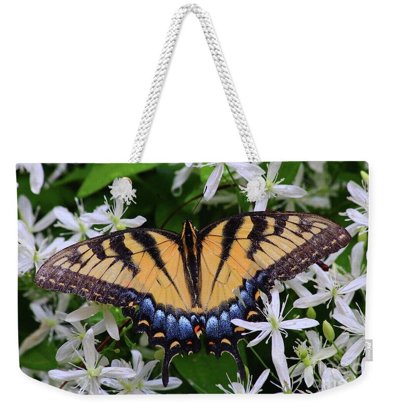 Butterfly Weekender Tote Bag featuring the photograph Tiger Swallowtail on Clematis by Marty Fancy
