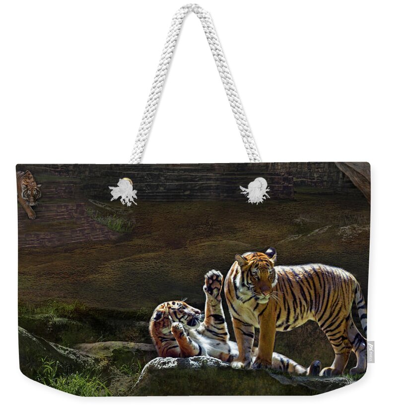 Tiger Weekender Tote Bag featuring the digital art Tigers In The Night by Thanh Thuy Nguyen