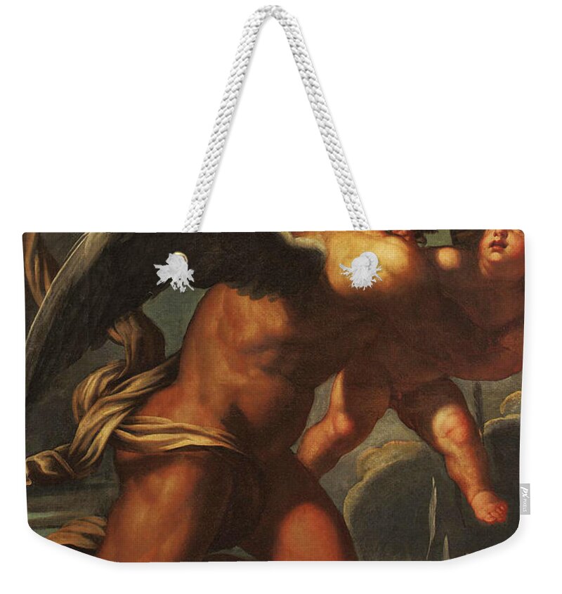 Circle Of Giovanni Antonio Pordenone Weekender Tote Bag featuring the painting Time Plucking the Wings of Eros by Circle of Giovanni Antonio Pordenone