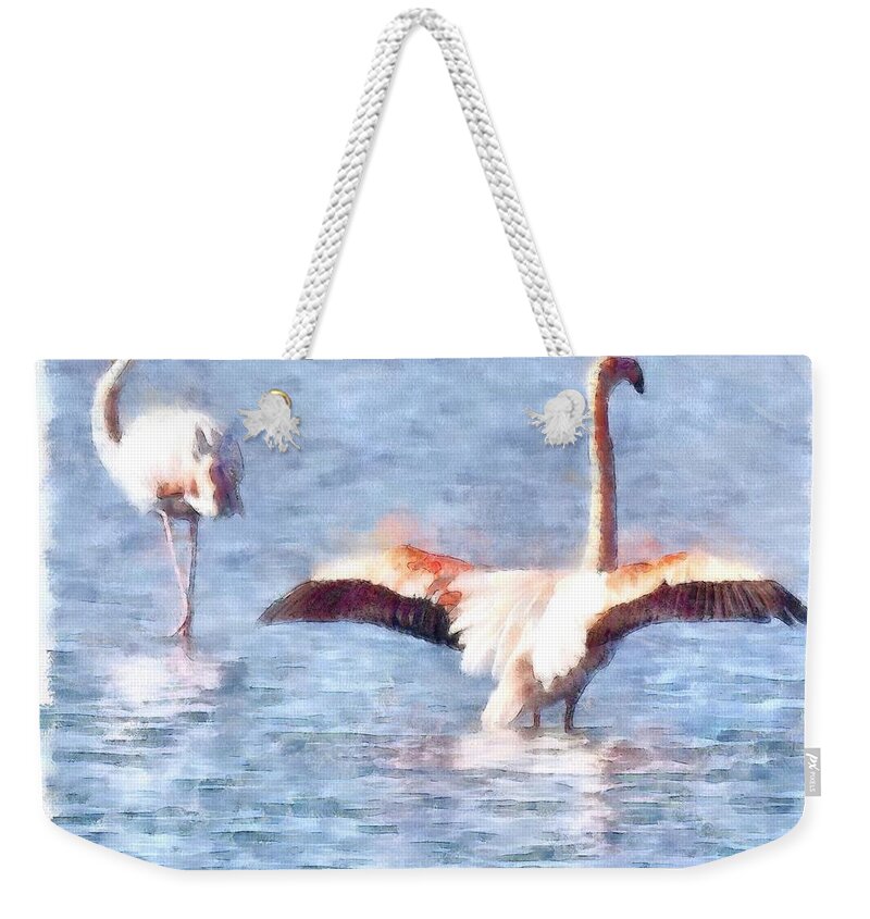 Flamingo Weekender Tote Bag featuring the painting Time To Spread Your Wings by Taiche Acrylic Art