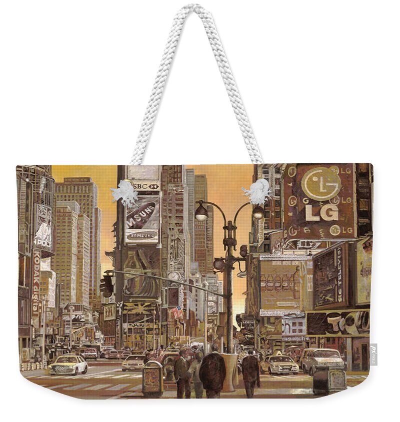 New York Weekender Tote Bag featuring the painting Times Square by Guido Borelli