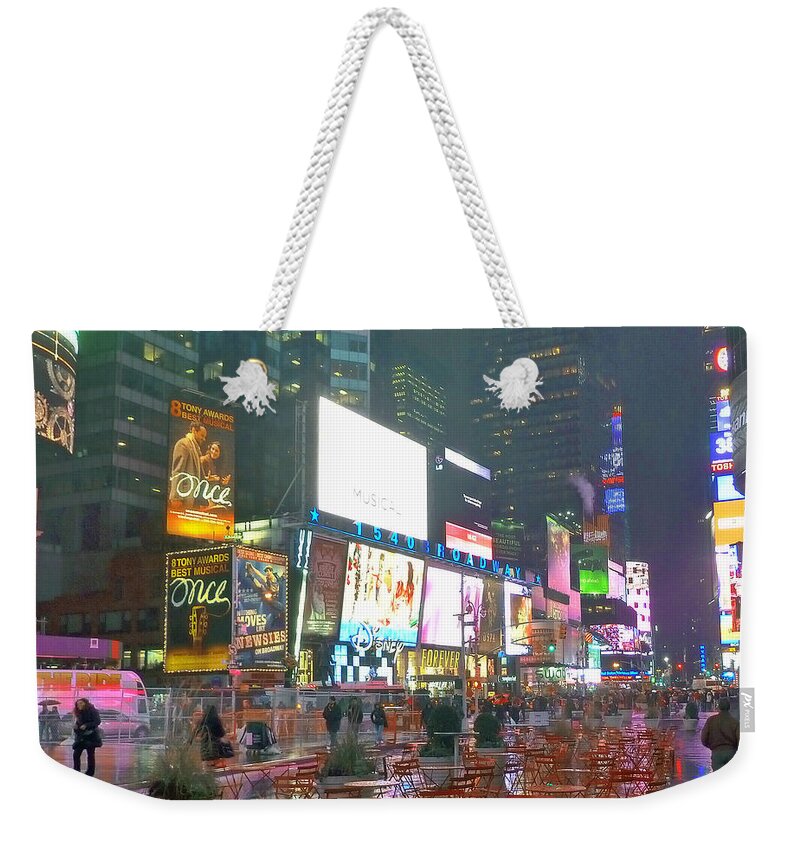 'times Square Weekender Tote Bag featuring the photograph Times Square Red Rain by Jeffrey Friedkin