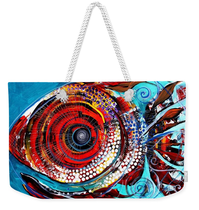 Fish Weekender Tote Bag featuring the painting Tiny Blue Pill by J Vincent Scarpace