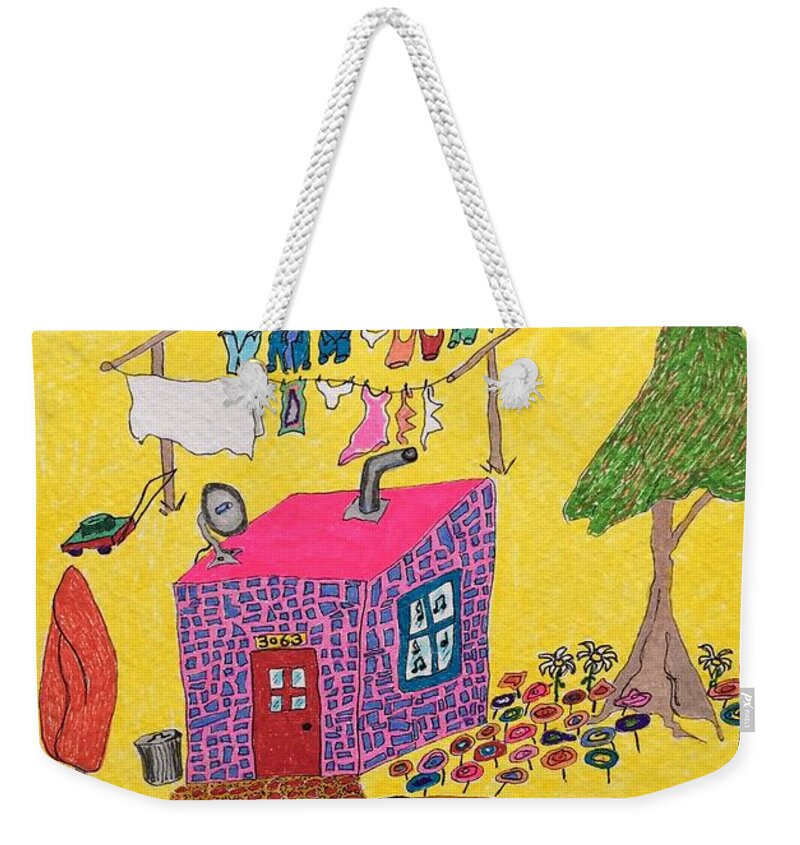  Weekender Tote Bag featuring the painting Tiny House with Clothesline by Lew Hagood