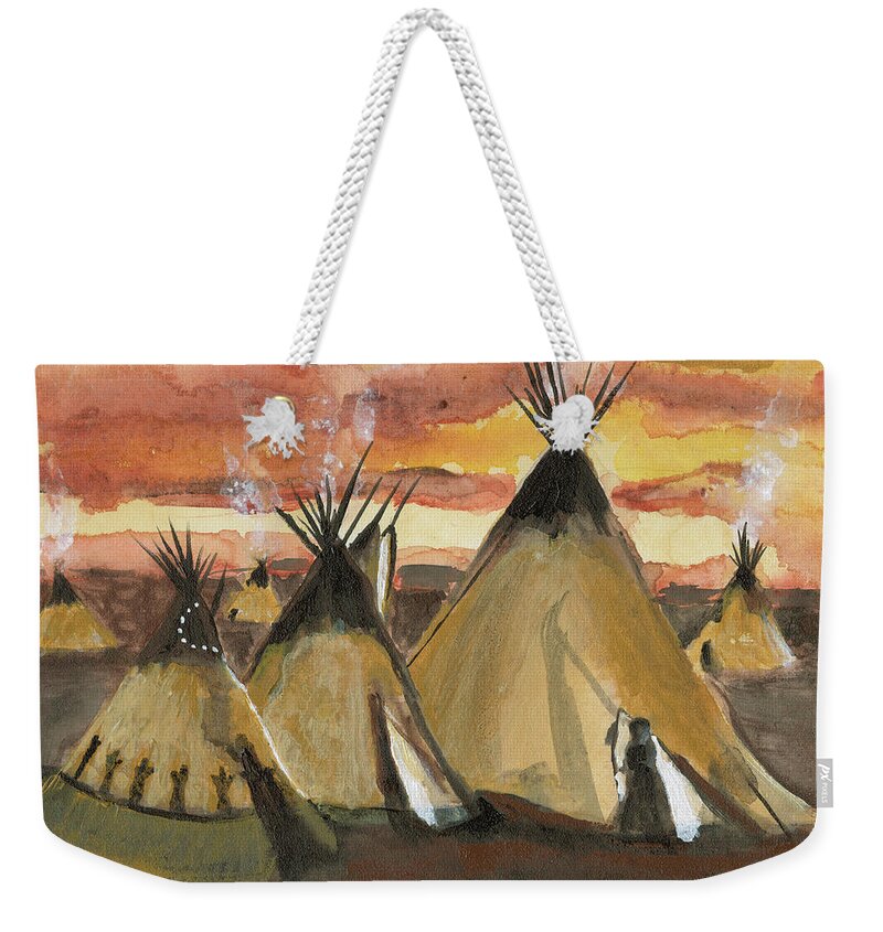 Tepee Weekender Tote Bag featuring the painting Tepee Village by Sheila Johns
